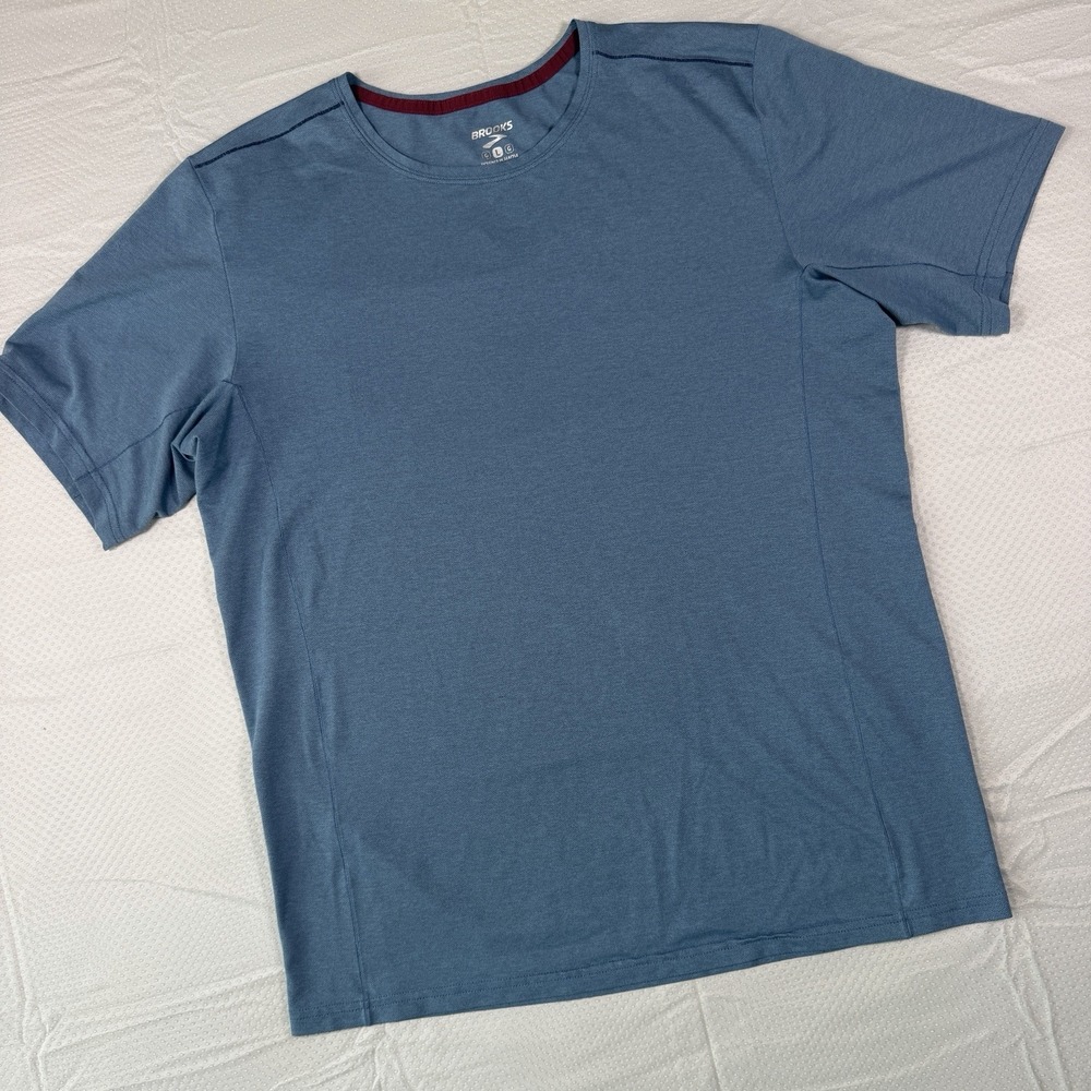 Brooks Mens Large Blue Running Shirt Short Sleeve Performance Tech Athletic Top
